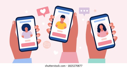 Dating service app. Social network. Man and woman holding mobile phone with each other's profile.  Colorful flat vector illustration.