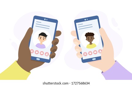 Dating service for the lgbtq community. People meeting through an online dating app. Hands holding smartphones.