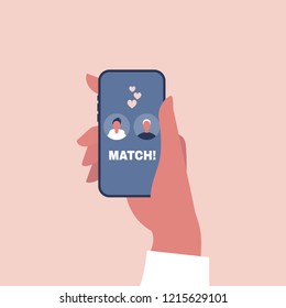 Dating service, mobile application. Hand holding a smart phone. Love and relationships. Gay couple. Homosexual. LGBTQ. Flat editable vector illustration, clip art
