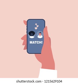 Dating service, mobile application. Hand holding a smart phone. Love and relationships. Interracial couple. Flat editable vector illustration, clip art