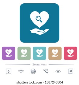Dating service white flat icons on color rounded square backgrounds. 6 bonus icons included