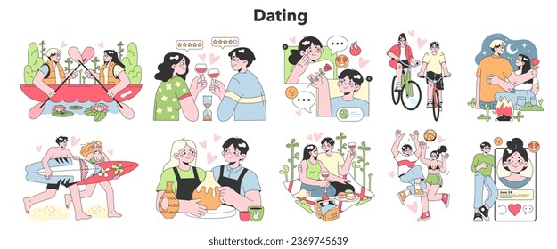 Dating set. Cute romantic couple communicating on a date. Cute woman and man in love spend time together. Relationship leisure. Flat vector illustration