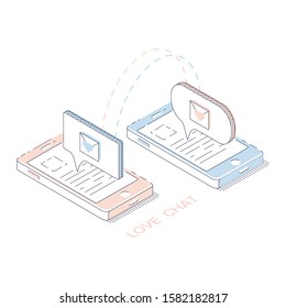 Dating site concept. Valentine's day greetings by phone. Love chat in speak bubbles