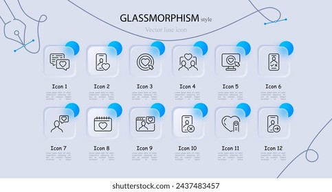 Dating site icon set. Chat, correspondence, monitor, smartphone, like, appearance, relationship, heart. Glassmorphism style. Vector line icon for business and advertising