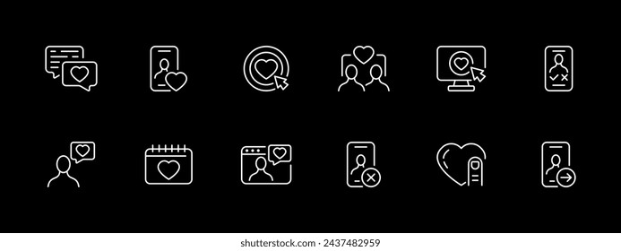 Conjunto de iconos de sitio de citas. Coincide, como, smartphone, corazón, San Valentín, desliza. Icono de línea blanca sobre fondo negro. Icono de línea vectorial para negocios y publicidad