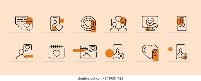 Dating site icon set. Match, like, smartphone, heart, Valentine's Day, swipe. Pastel color background. Vector line icon for business and advertising