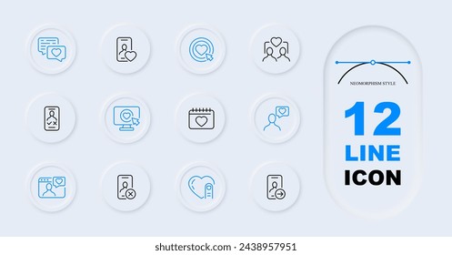 Dating site line icon set. Love, attitude, heart, smartphone, swipe, match, valentine's day. Neomorphism style. Vector line icon for Business