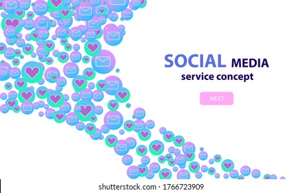 Dating site social media lending page and automated likes systems vector illustration. Heart icon on message bubble.