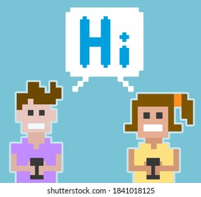 Dating with smart phone.To see the other pixel people illustrations , please check pixel art collection.