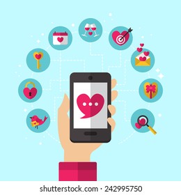 Dating smartphone app concept with flat icons design. Valentine's Day holiday icons