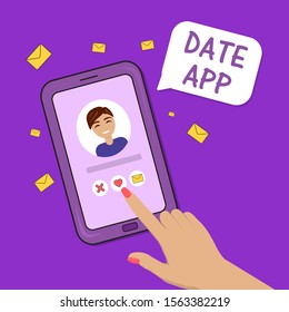 Dating smartphone app concept. Valentine's Day holiday. Flat style smartphone whith boy, hand and date app bubble. Online communication and connection. Searching for romantic relationship.