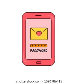 Dating smartphone app concept. Valentine's Day holiday. Flat style smartphone whith heart envelope and password. Online communication and connection. Searching for romantic relationship.