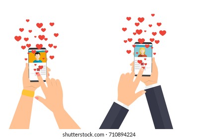Dating social network concept. Hand hold smartphone and like profile. Social media vector concept. Hand pressing like button - stock vector
