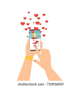 Dating social network concept. Hand hold smartphone and like profile. Social media vector concept. Hand pressing like button -  vector