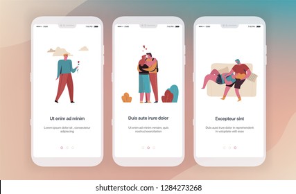 Dating, social networks, communication. Design of mobile application intro screens. Application templates concept Vector onboarding illustration flat design