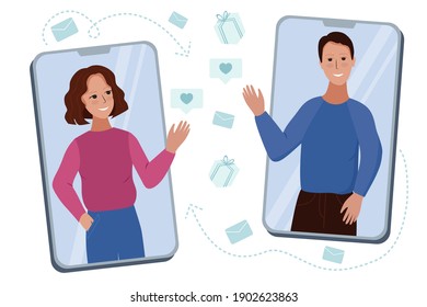 Dating in social networks. Cute man and woman wave to each other from smartphone screens, surrounded by symbols of letters, likes, gifts. Love and relationships online. Vector illustration.