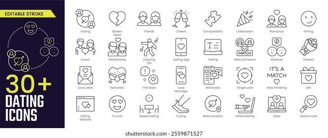 Dating Stroke icon collections. Containing Dating, Broken Heart, Friends, Cheers, Relationship, First Date, Matchmaking, and Dating Website icons. Editable Stroke icon collection Outline icons