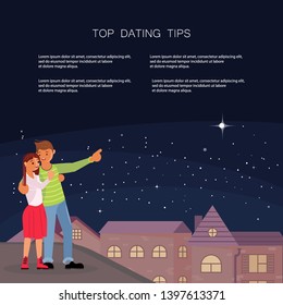Dating tips landing page website template. Happy people characters on the roof admire the stars at night . How to build a healthier and happy relationships. Flat Art Vector illustration
