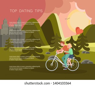 Dating tips landing page website template. Happy people characters riding bike. How to build a healthier and happy relationships. Flat Art Vector illustration