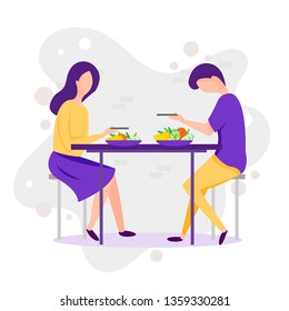 Dating. Vektorgrafik lustige Illustration des Paares. Mann und Frau essen gesundes Essen. Romantisches Jahrtausendpaar im Restaurant zu einem Date. Liebe zwischen zwei Leuten.