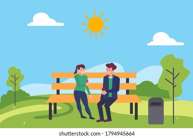 Dating vector concept: couple eating ice creams together happily while sitting on the park bench