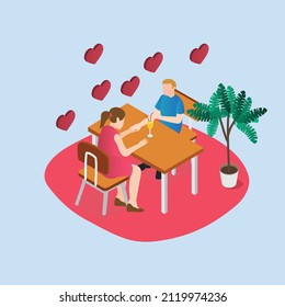 Dating vector concept. Romantic couple sharing a glass of juice while dating in the restaurant