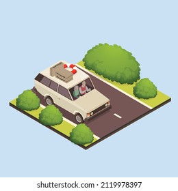 Dating vector concept. Senior couple doing travel together with car while carrying luggage