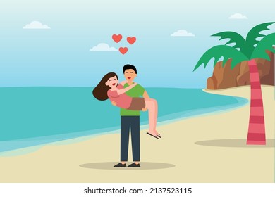 Dating vector concept. Young man holding his girlfriend while enjoying holiday in the tropical beach
