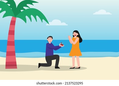 Dating vector concept. Young man kneeling on the beach while proposes his girlfriend with ring