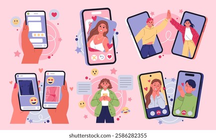 Dating virtual acquaintances. Friendship and romance. Couple talking about love. Friends mobile service. Phone online communication. Romantic relationships in app. Smartphone call. Vector concepts set