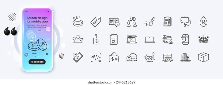 Dating, Wallet and Marketplace line icons for web app. Phone mockup gradient screen. Pack of Currency exchange, Voice wave, Scuba diving pictogram icons. Alcohol free, Frying pan, Manual signs. Vector