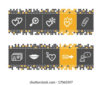 Dating web icons on grey and orange dots bar. Vector file has layers, all icons in two versions are included.