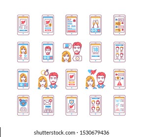 Dating web site in smartphone screen color line icons set. Virtual dating. Online love search service. Signs for web page, mobile app. UI/UX/GUI template. User interface display. 
