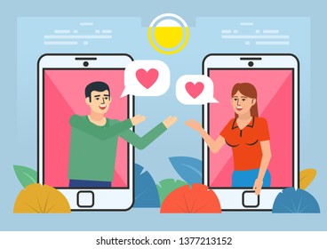 Dating website, chat. Couple in love communicate by phone. Poster for social media, web page, banner, presentation. Flat design vector illustration