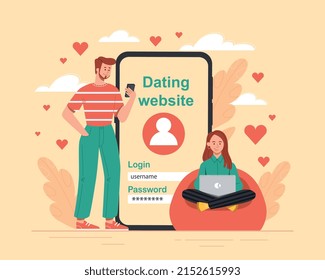 Dating website concept. Man with smartphone and girl with laptop communicate on Internet. Applications and programs for communication, social networks and messengers. Cartoon flat vector illustration