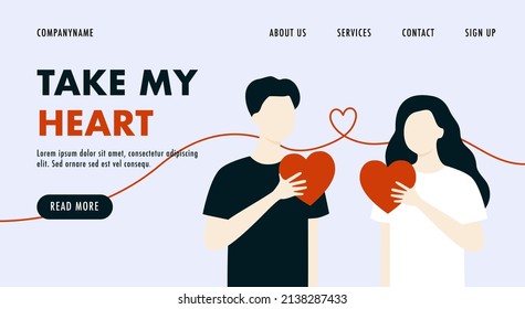 Dating website Landing page template. Happy couple in love on romantic date with heart shape line background. Valentine, love, Relationship, online dating concept. Flat Vector web page design.
