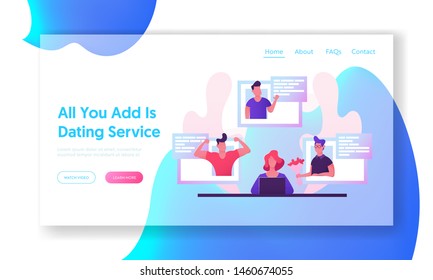 Dating Website Landing Page, Young Woman Sitting at Laptop Searching Love for Partner on Web Site for Virtual Date, Girl Chatting Online Different Men Web Page. Cartoon Flat Vector Illustration, Banner