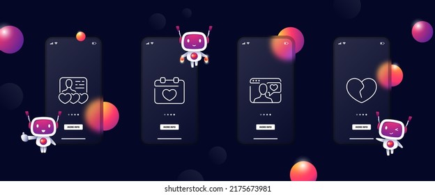 Dating website set icon. Long distance relationship, heart, love, date, calendar. Relationships concept. Glassmorphism. UI phone app screens with robots. Vector line icon for Business and Advertising.