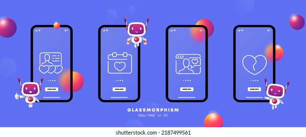 Dating website set icon. Love, hearts, feelings, personal data, calendar, broken, betrayal, online, internet. Long distance relationships concept. Glassmorphism. UI phone app screens. Vector line icon