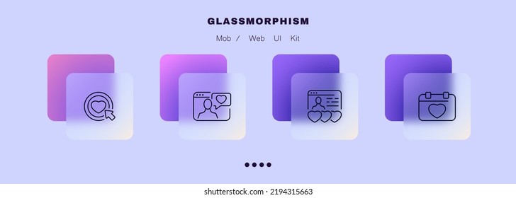 Icono de juego de sitios web de citas. Conoce, amor, me gusta el botón, corazón, sentimientos, mensajes de texto, calendario, fecha, información personal. Concepto de relación de larga distancia. Estilo de glasmorfismo. Icono de línea de vector para empresas