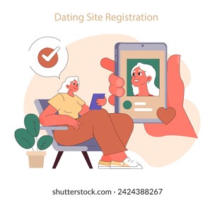 Sitio web de citas o registro en la red social. Mujer mayor creando un perfil, entrando en el mundo de las citas en línea con optimismo. Abrazando el amor moderno. Ilustración vectorial plana