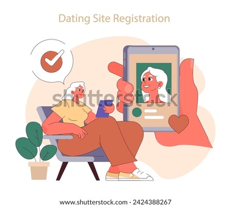 Dating website or social network registration. Senior woman creating a profile, stepping into online dating world with optimism. Embracing modern love. Flat vector illustration