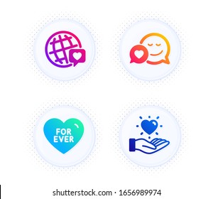 Dating, World brand and For ever icons simple set. Button with halftone dots. Hold heart sign. Love messenger, Love. Love set. Gradient flat dating icon. Vector