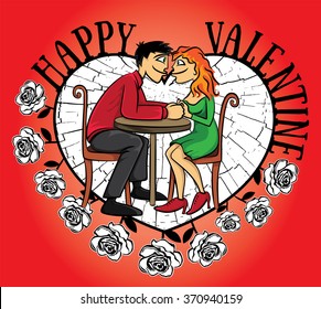dating young couple Valentine postcard with flowers