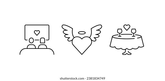 Dating-themed icons. Simple icons isolated on a white background. Icons include: a heart, people on a date, a romantic table. Vector illustration.