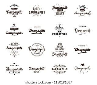 Daugavpils. Greeting cards, vector design. Isolated logos. Typography set.