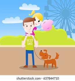 Daugher sitting on her dad's shoulders and eating cotton candy in amusement park vector cartoon style illustration