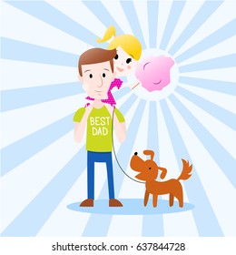 Daugher sitting on her dad's shoulders and eating cotton candy in amusement park vector cartoon style illustration