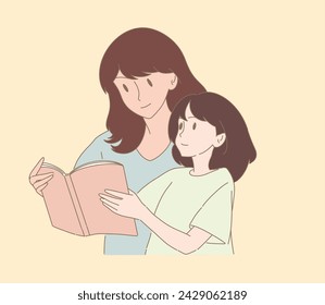 Daughter asking questions, showing something in the book to mother. Little girl asking mom question from school homework.  Parent teaching kid. Hand drawn flat cartoon character vector illustration.