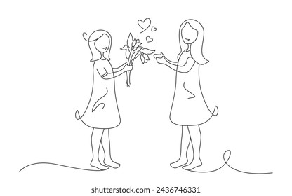 A daughter with a bouquet of flowers congratulates her mother. People in line style in vector.